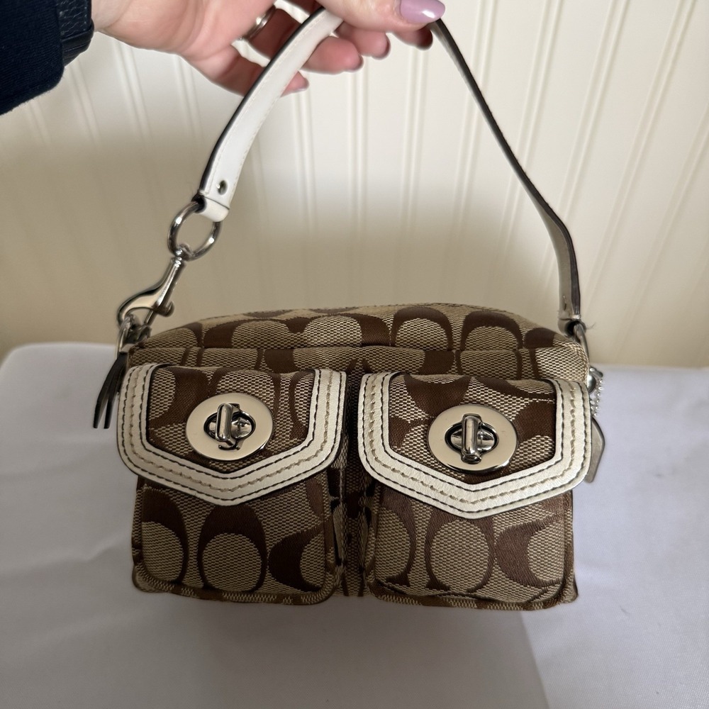 COACH Signature C Canvas Turnlock Leather Brown White Mini Hand Bag Purse NWOT